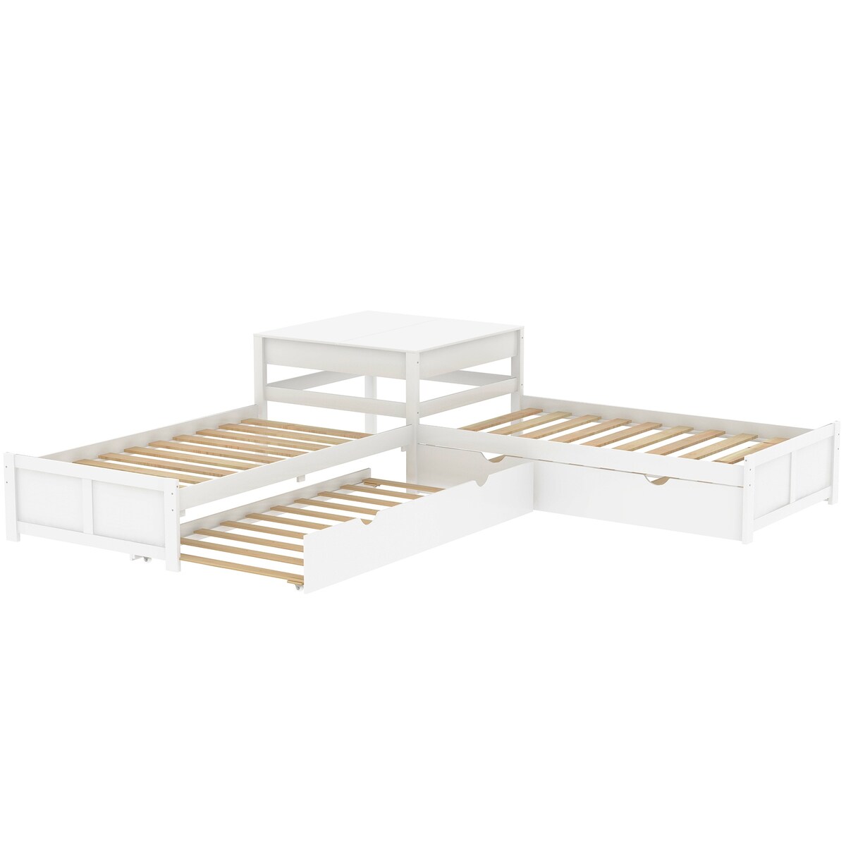 4 in 1 L-shaped Corner Bed Twin Floor Storage Platform Bed with 2 Trundle for 4 Person, 117.3''L*117.3''W*30.2''H, 195LBS