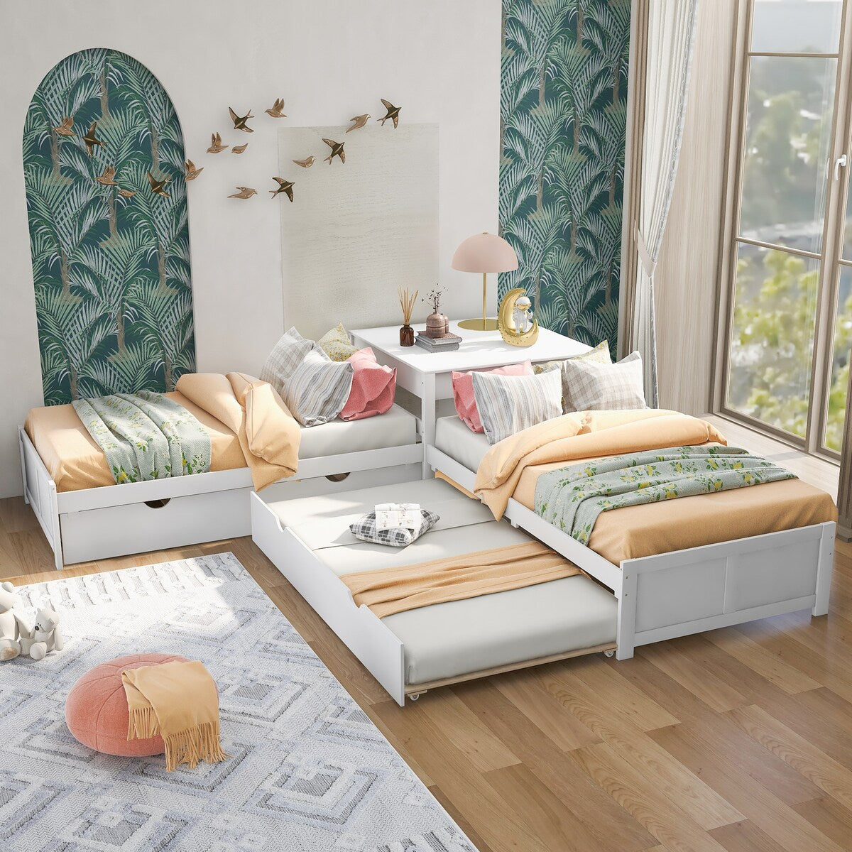 4 in 1 L-shaped Corner Bed Twin Floor Storage Platform Bed with 2 Trundle for 4 Person, 117.3''L*117.3''W*30.2''H, 195LBS