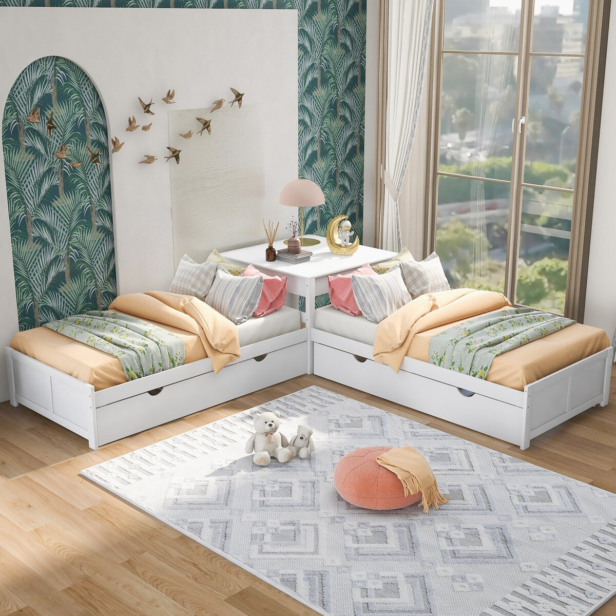 4 in 1 L-shaped Corner Bed Twin Floor Storage Platform Bed with 2 Trundle for 4 Person, 117.3''L*117.3''W*30.2''H, 195LBS