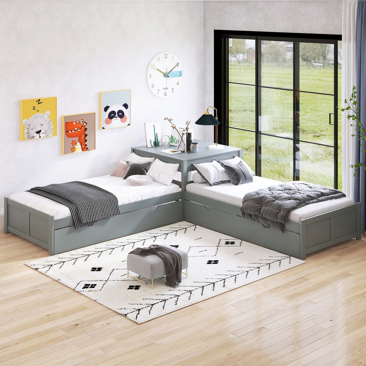 4 in 1 L shaped Corner Bed Twin Floor Storage Platform Bed with 2 Trun Overstock