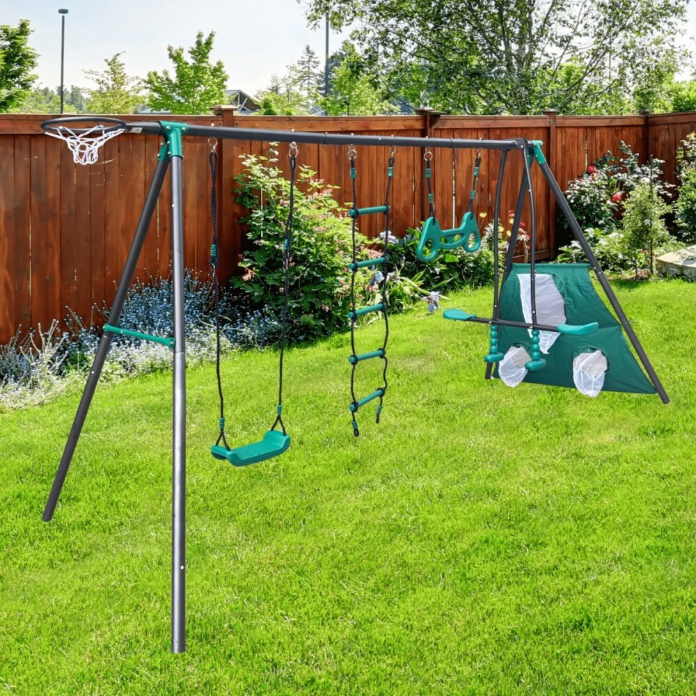 4 in 1 Outdoor Playground Large Children Metal Swing Set for Age 3 Up