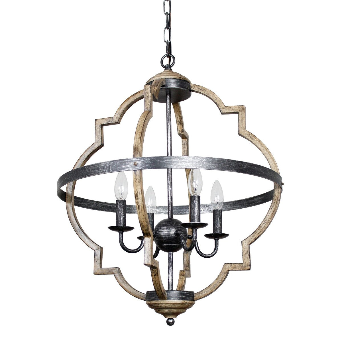 Farmhouse 4-light Wood Grain Orb Candle Chandelier - 23.5-in H x 20.5-inch W
