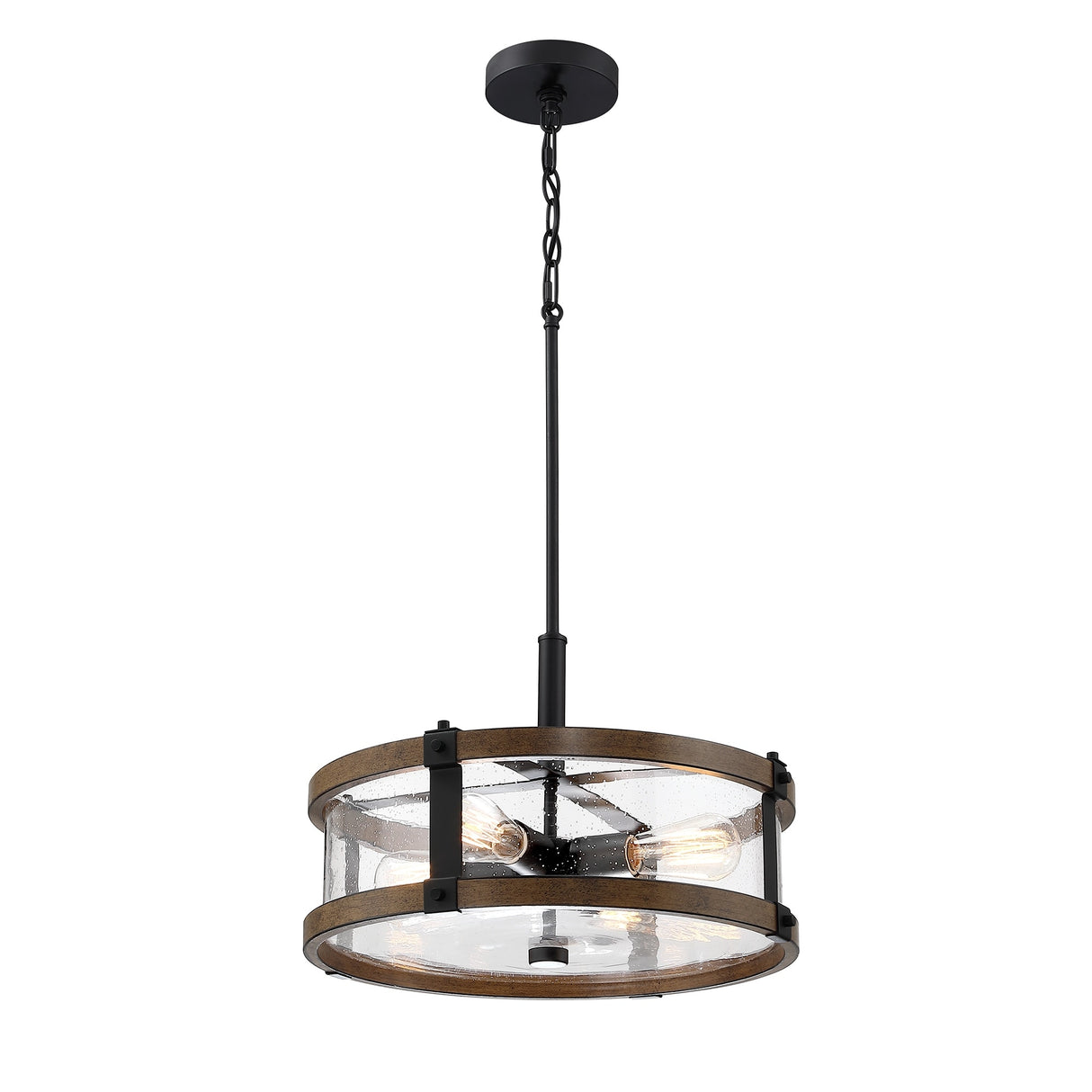 4 lights hanging adjustable chandelier with finish and clear glass shade - Barnwood