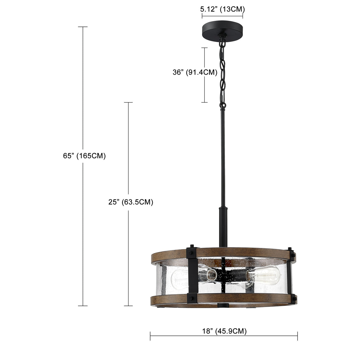 4 lights hanging adjustable chandelier with finish and clear glass shade - Barnwood