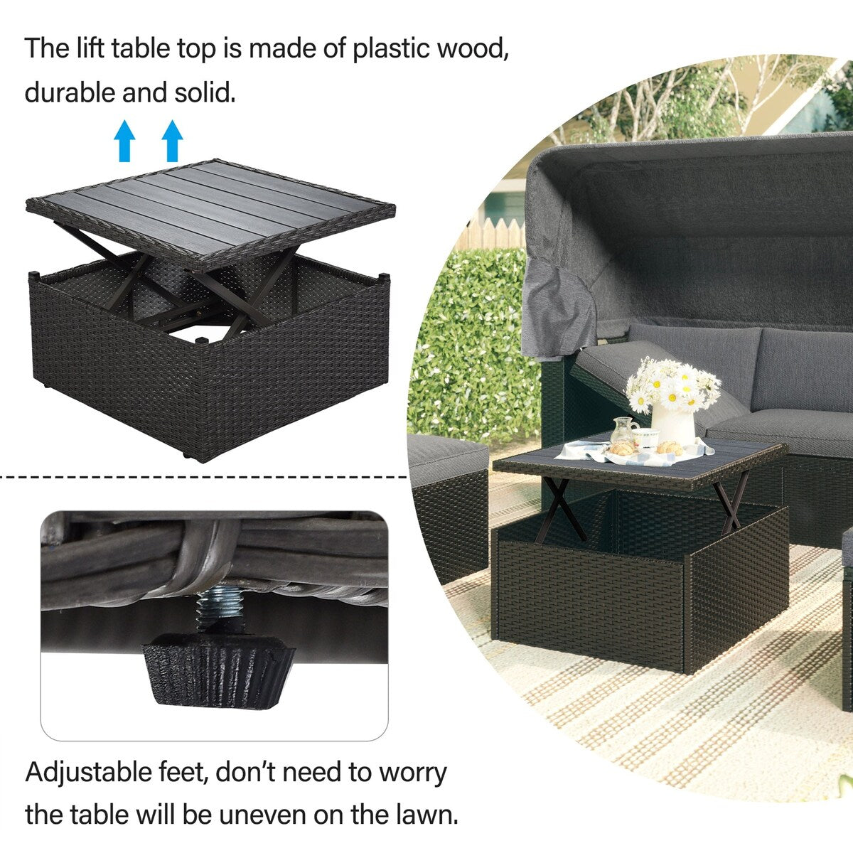 4-Piece Outdoor Wicker Sectional Patio Daybed with Canopy and Ottoman