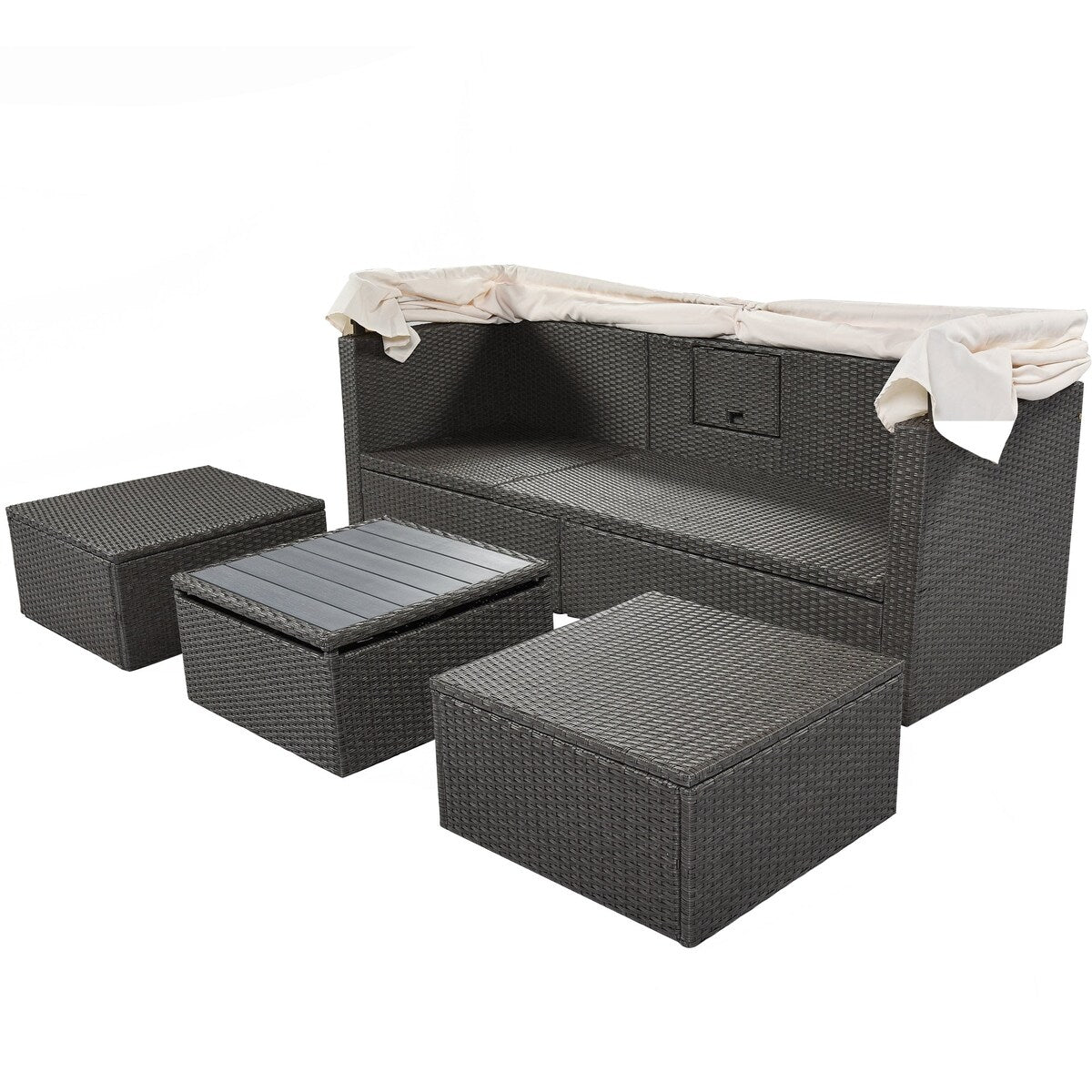 4-Piece Outdoor Wicker Sectional Patio Daybed with Canopy and Ottoman