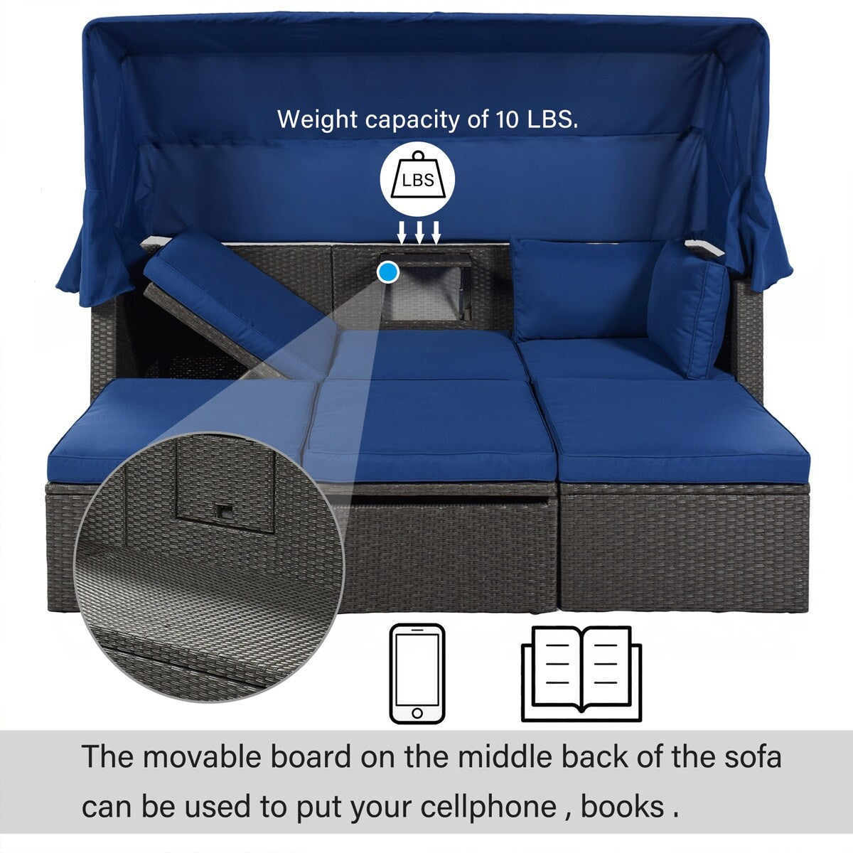 4-Piece Outdoor Wicker Sectional Patio Daybed with Canopy and Ottoman