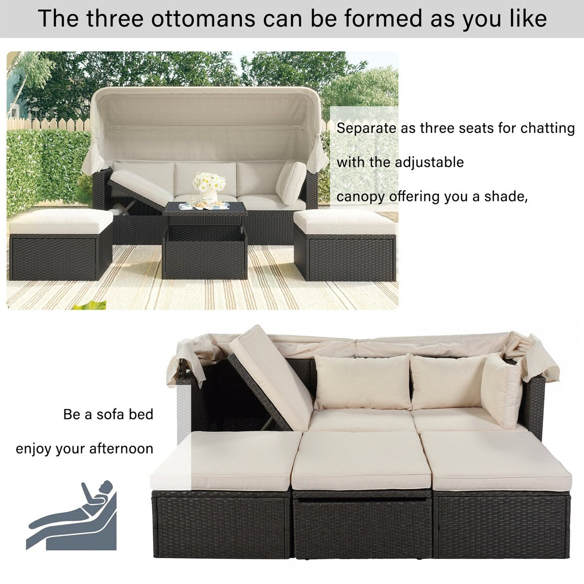4-Piece Outdoor Wicker Sectional Patio Daybed with Canopy and Ottoman