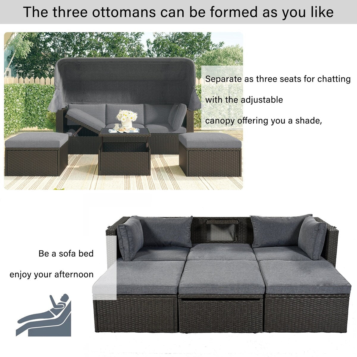 4-Piece Outdoor Wicker Sectional Patio Daybed with Canopy and Ottoman