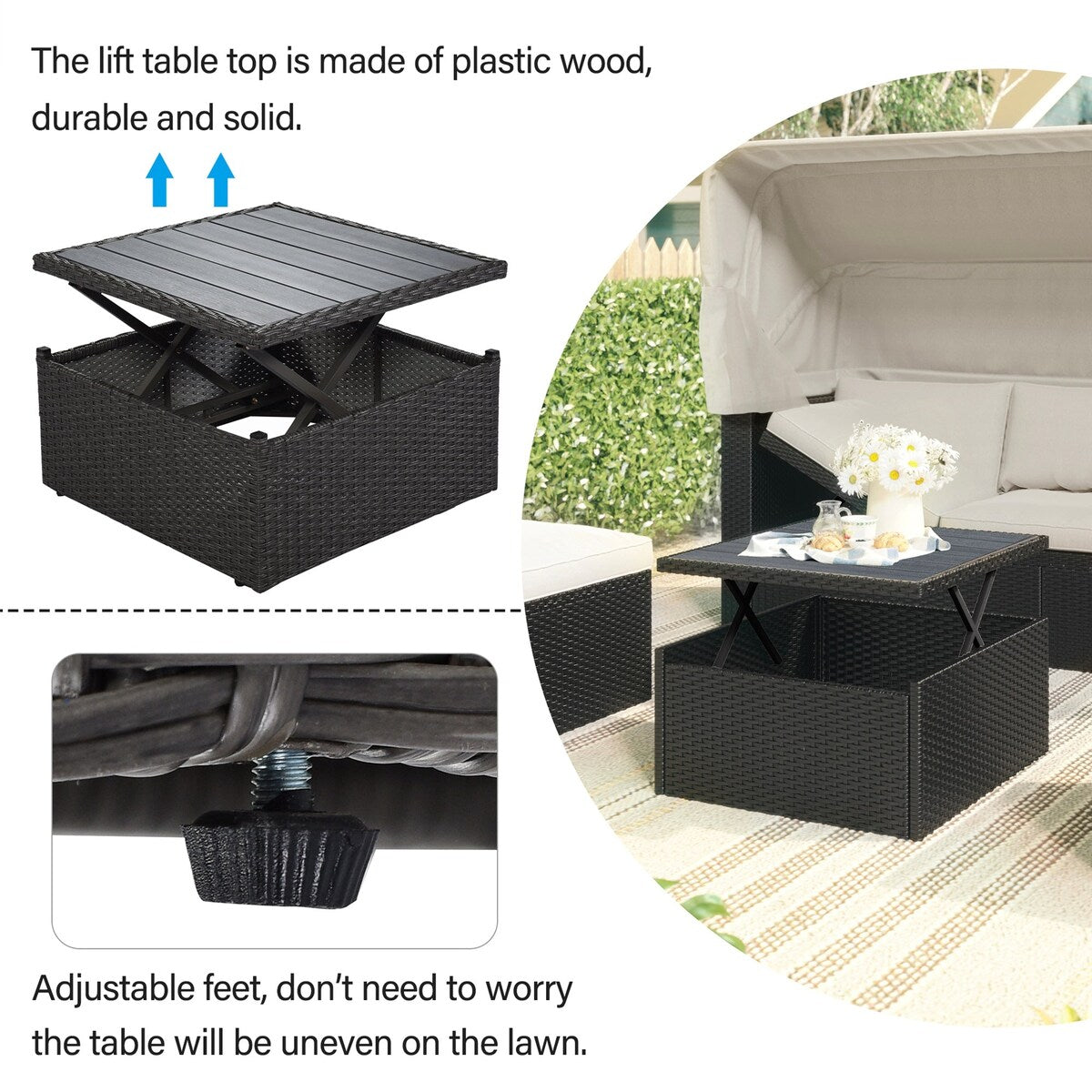 4-Piece Outdoor Wicker Sectional Patio Daybed with Canopy and Ottoman