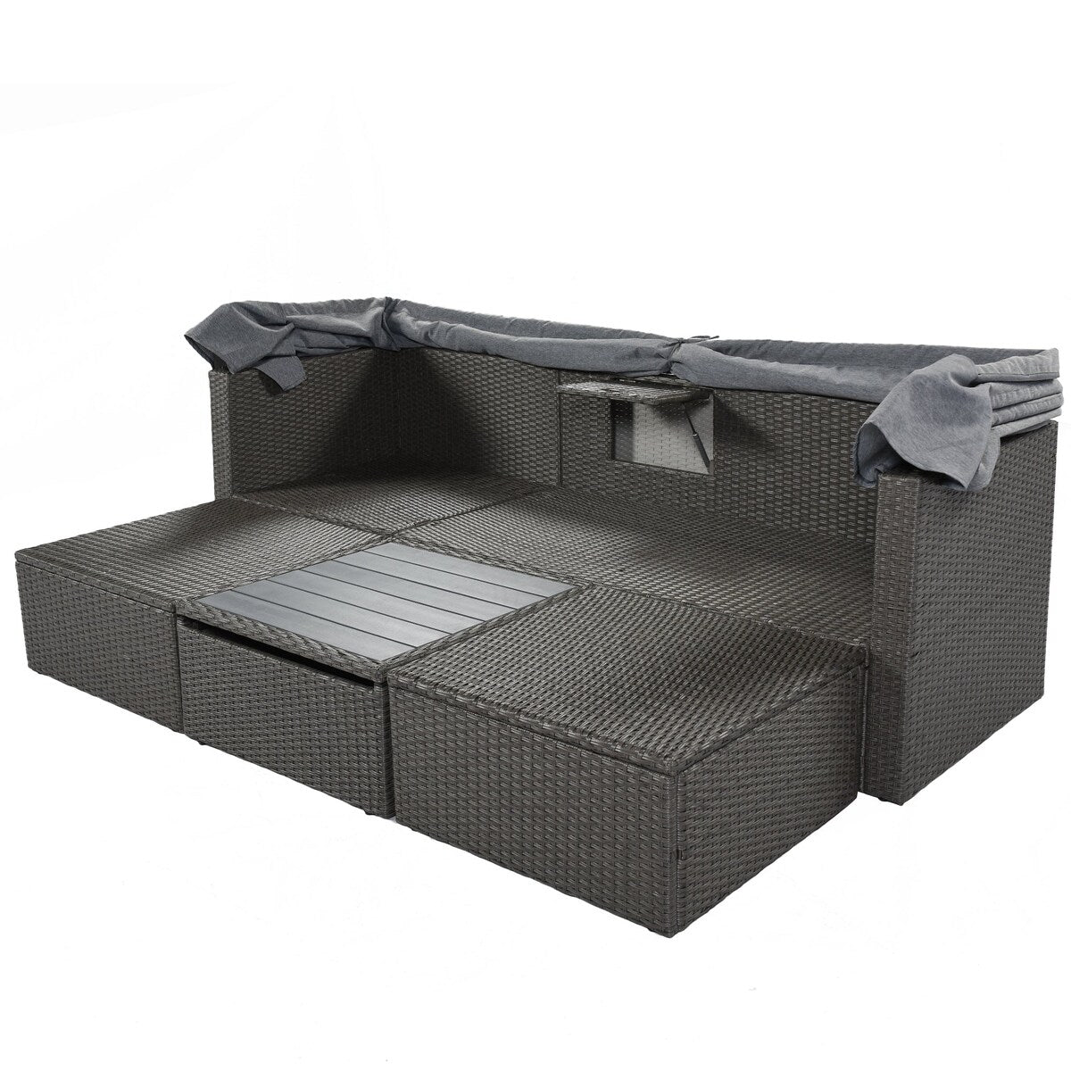 4-Piece Outdoor Wicker Sectional Patio Daybed with Canopy and Ottoman