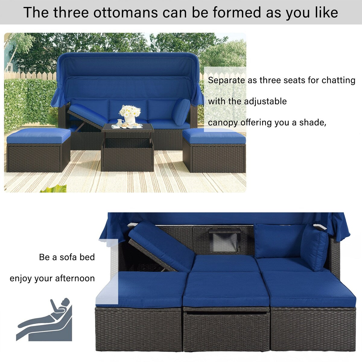 4-Piece Outdoor Wicker Sectional Patio Daybed with Canopy and Ottoman