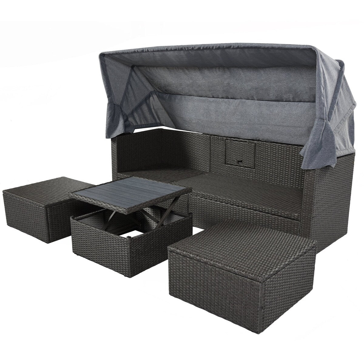 4-Piece Outdoor Wicker Sectional Patio Daybed with Canopy and Ottoman