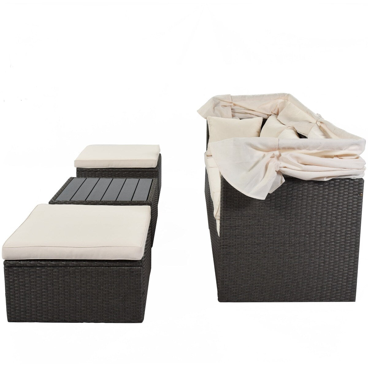 4-Piece Outdoor Wicker Sectional Patio Daybed with Canopy and Ottoman