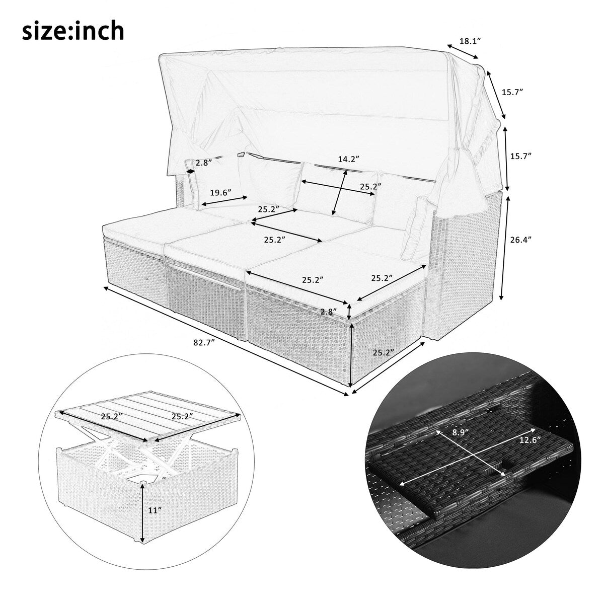 4-Piece Outdoor Wicker Sectional Patio Daybed with Canopy and Ottoman