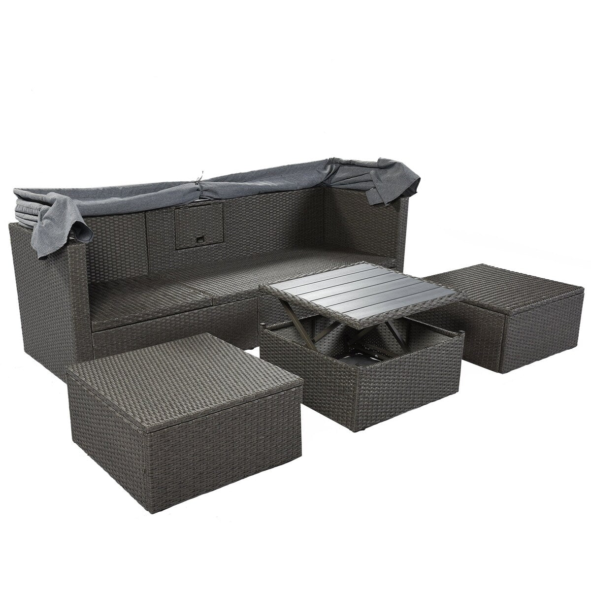 4-Piece Outdoor Wicker Sectional Patio Daybed with Canopy and Ottoman