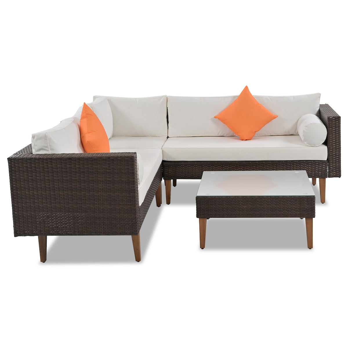 4-pieces Outdoor Wicker Sofa Set, Patio Furniture with Pillows, L-shape Sofa Set for Garden, Balcony, Poolside