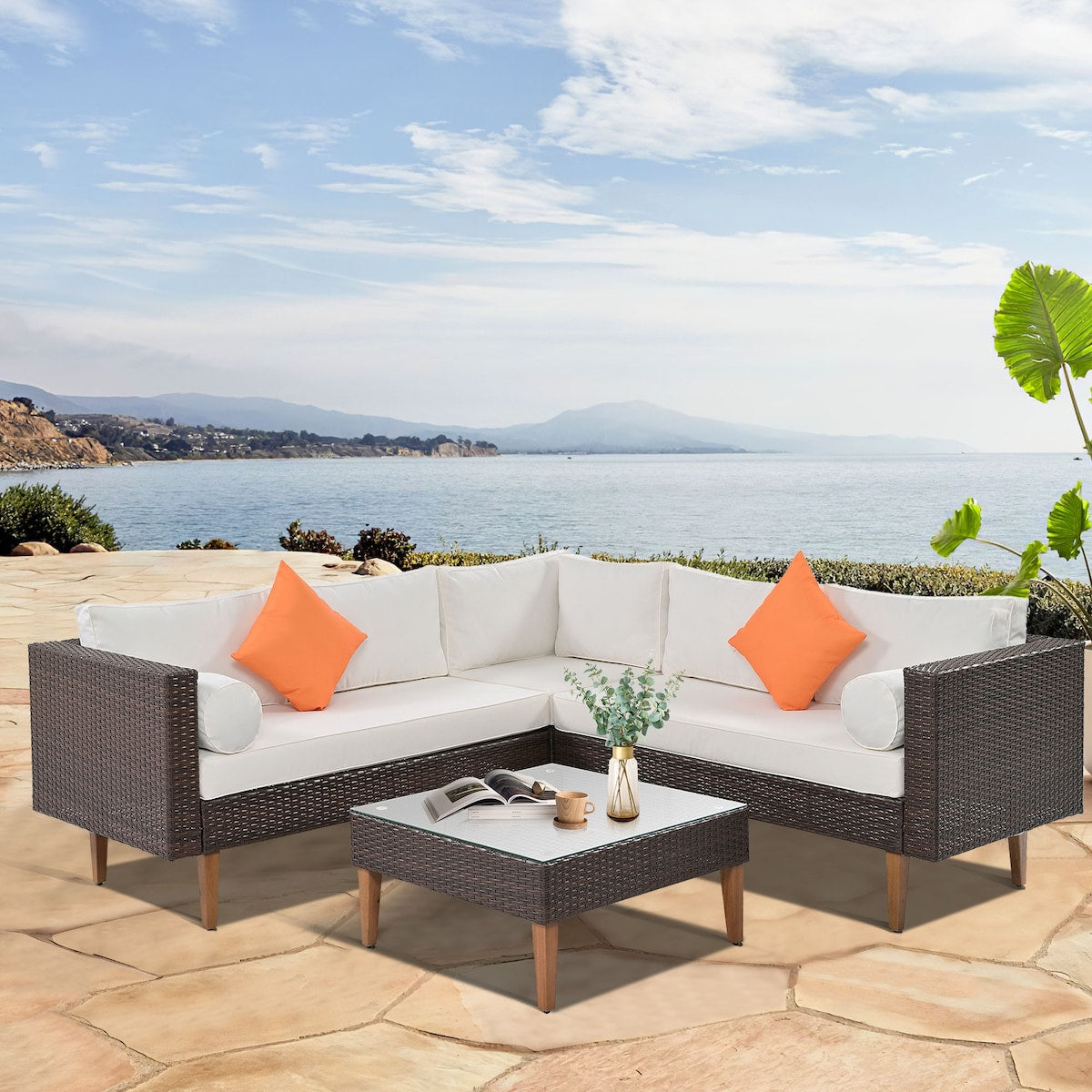 4-pieces Outdoor Wicker Sofa Set, Patio Furniture with Pillows, L-shape Sofa Set for Garden, Balcony, Poolside