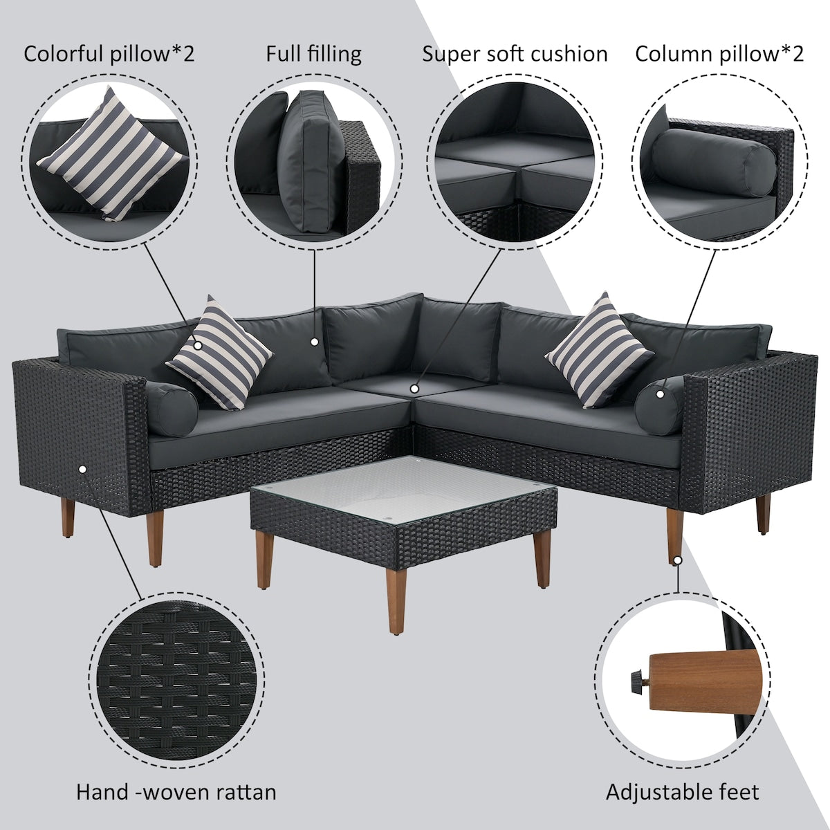 4-pieces Outdoor Wicker Sofa Set, Patio Furniture with Pillows, L-shape Sofa Set for Garden, Balcony, Poolside