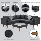 4-pieces Outdoor Wicker Sofa Set, Patio Furniture with Pillows, L-shape Sofa Set for Garden, Balcony, Poolside