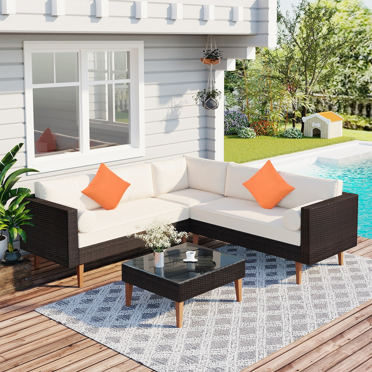 4-pieces Outdoor Wicker Sofa Set, Patio Furniture with Pillows, L-shape Sofa Set for Garden, Balcony, Poolside