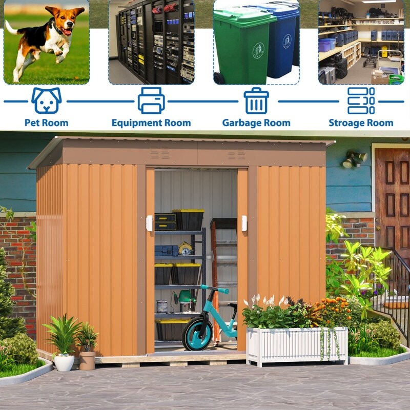 4.2 x 9.1 Ft Brown Outdoor Storage Shed, Metal Tool Shed with Lockable Doors Vents