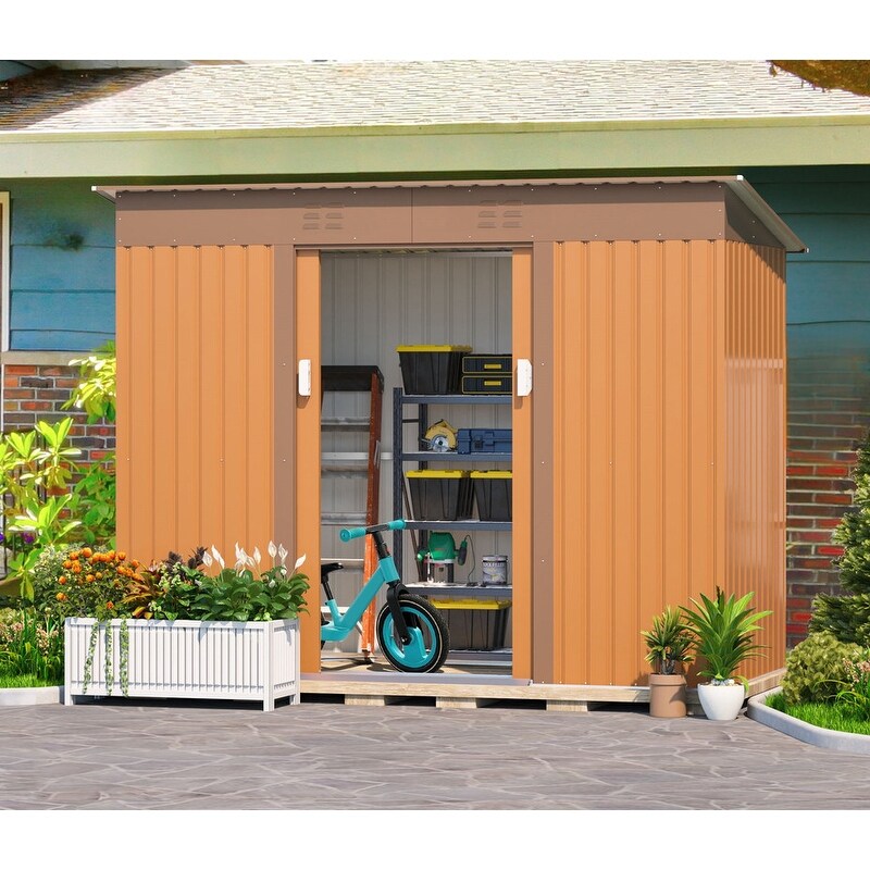 4.2 x 9.1 Ft Brown Outdoor Storage Shed, Metal Tool Shed with Lockable Doors Vents