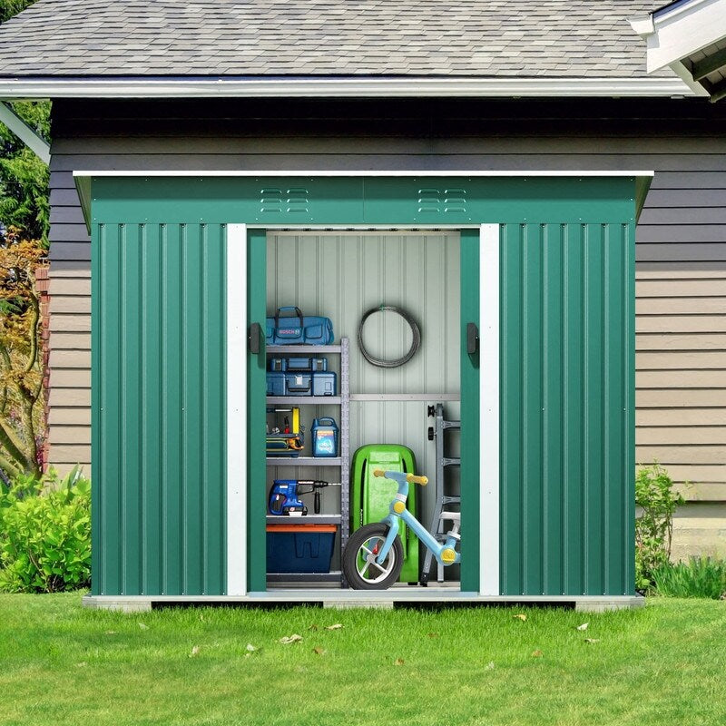 4.2 x 9.1 Ft Green Outdoor Storage Shed, Metal Tool Shed with Lockable Doors Vents