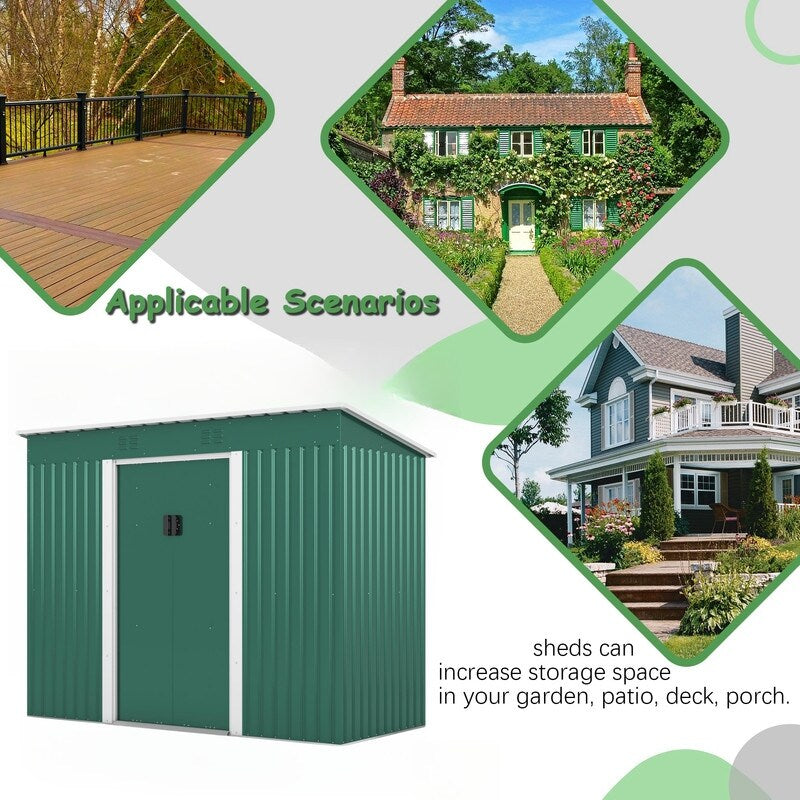 4.2 x 9.1 Ft Green Outdoor Storage Shed, Metal Tool Shed with Lockable Doors Vents