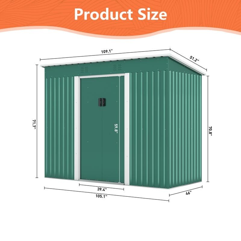 4.2 x 9.1 Ft Green Outdoor Storage Shed, Metal Tool Shed with Lockable Doors Vents