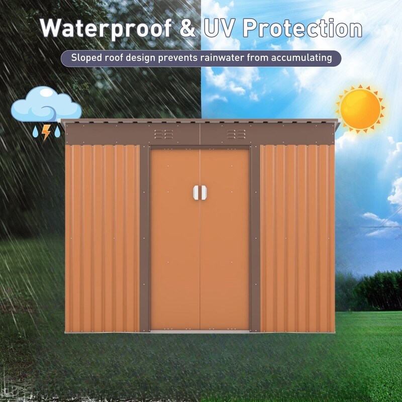 4.2 x 9.1 Ft Brown Outdoor Storage Shed, Metal Tool Shed with Lockable Doors Vents
