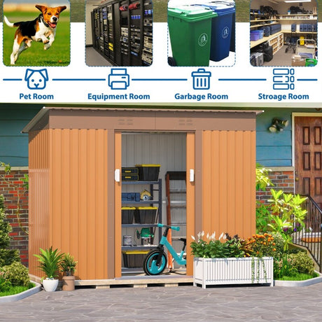4.2 x 9.1 Ft Brown Outdoor Storage Shed, Metal Tool Shed with Lockable Doors Vents