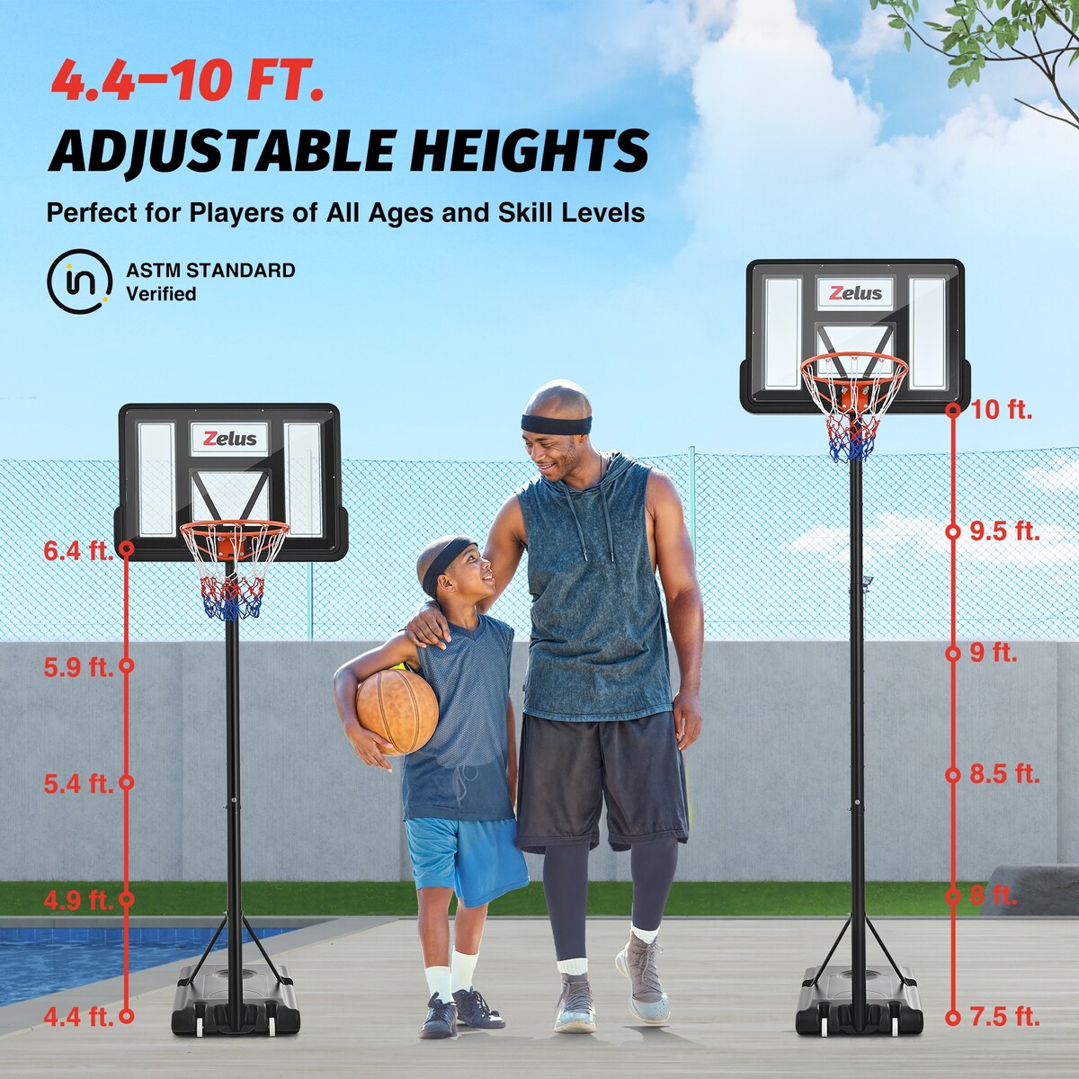 Zelus 4.4-10 ft. Adjustable Heights Portable Outdoor Basketball Hoop