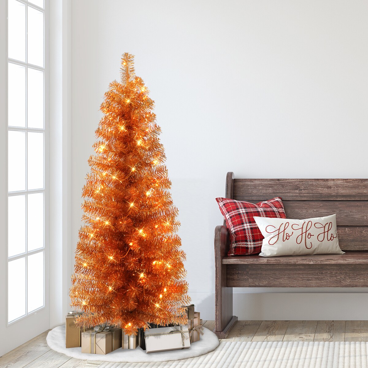 Puleo International 4.5 ft. Pre-lit Orange Tinsel Tree