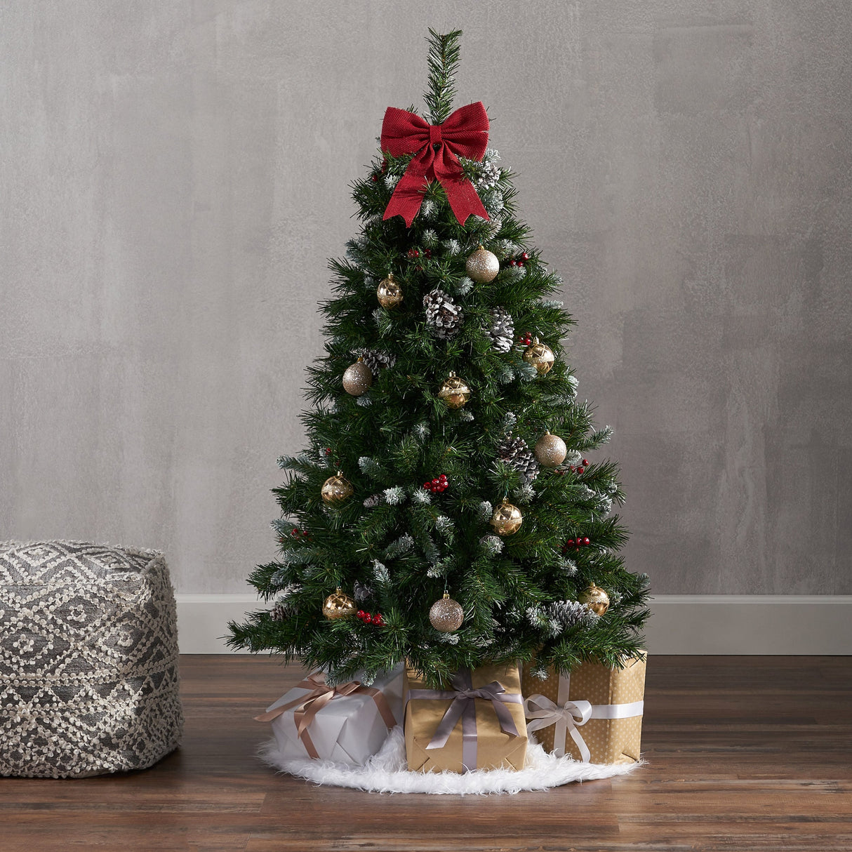 4.5-ft Spruce Pre-Lit or Unlit Artificial Christmas Tree with Frosted Branches Red Berries Pinecones by Christopher Knight Home