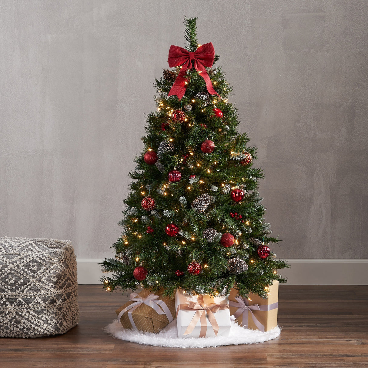 4.5-ft Spruce Pre-Lit or Unlit Artificial Christmas Tree with Frosted Branches Red Berries Pinecones by Christopher Knight Home
