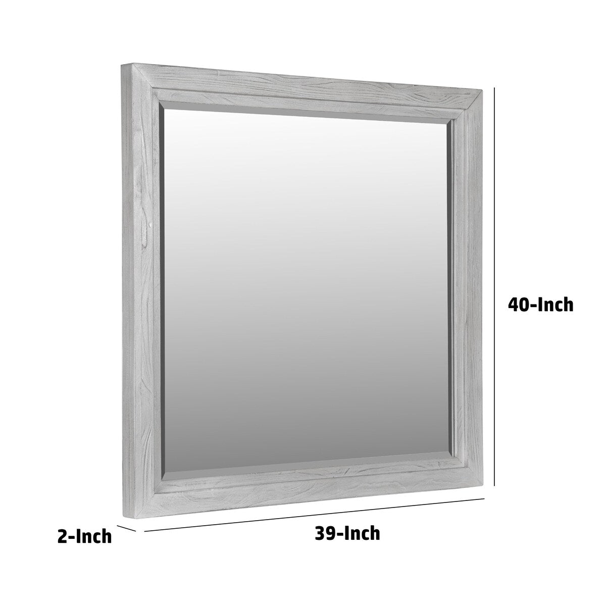 40 Inch Lou Rectangular Mirror, Wood Frame, Grain Details, Washed White