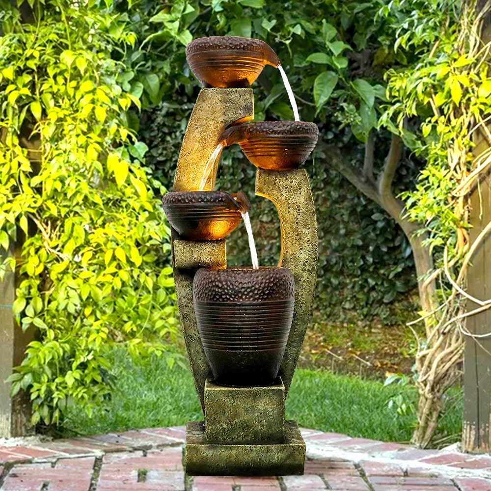 40-Inch Modern Outdoor Garden Fountain w/LED Lights for Garden Patio