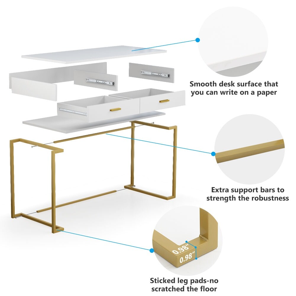 40 Inches Computer Desk White and Gold Desk with 2 Drawers