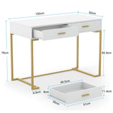 40 Inches Computer Desk White and Gold Desk with 2 Drawers