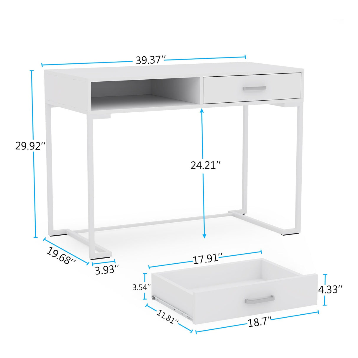 40 Inches Computer Desk White and Gold Desk with 2 Drawers