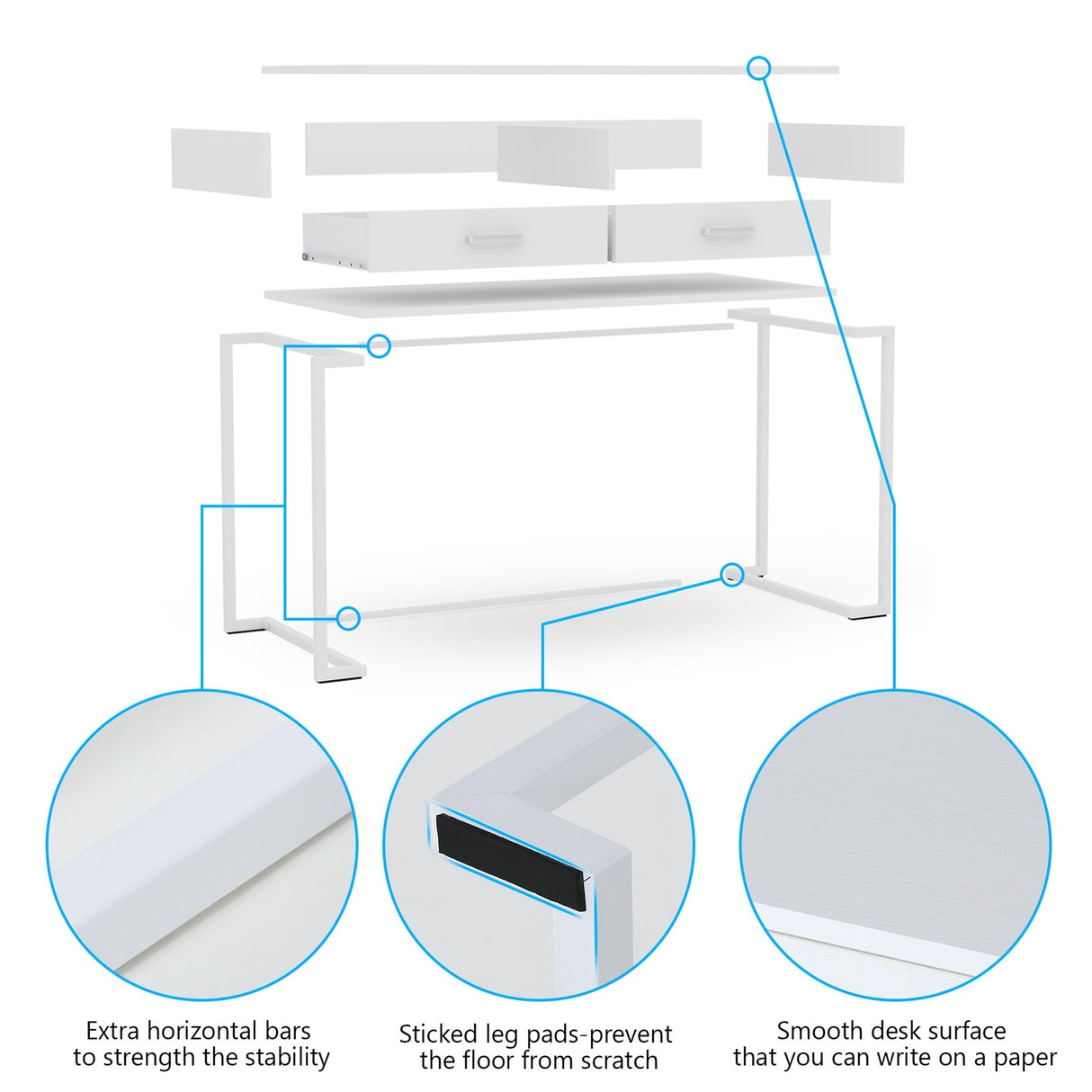 40 Inches Computer Desk White and Gold Desk with 2 Drawers