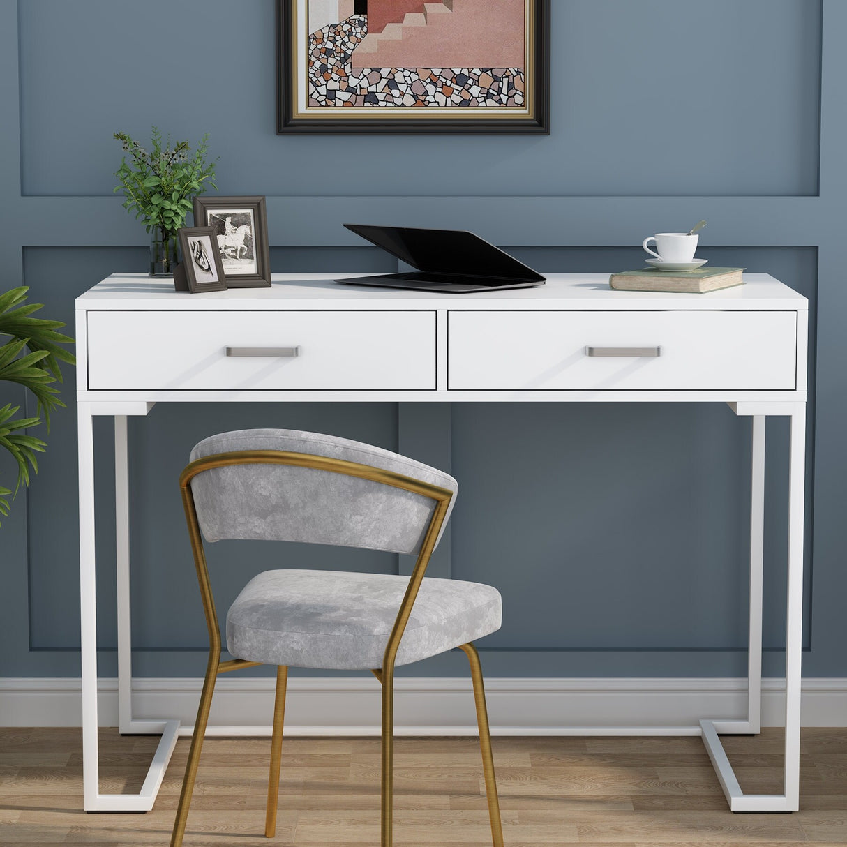 40 Inches Computer Desk White and Gold Desk with 2 Drawers