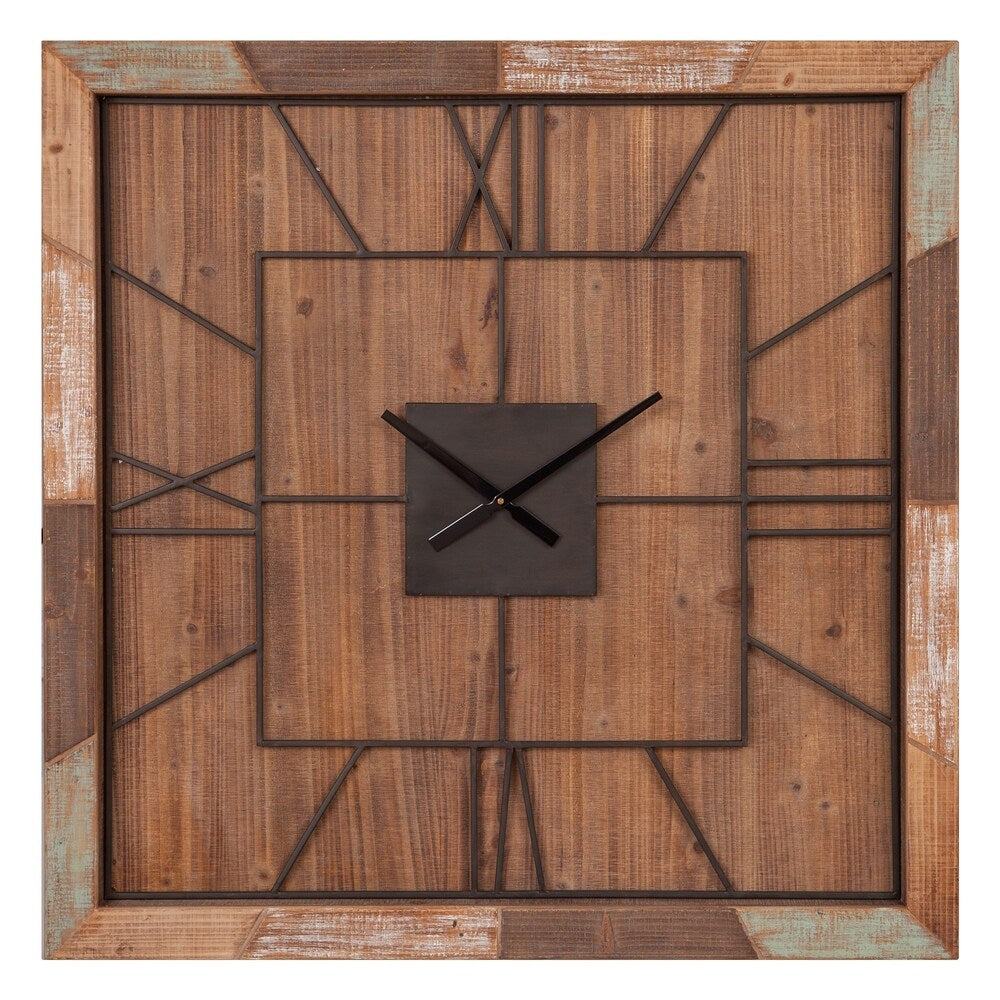 40" Oversized Square Distressed Wood Plank and Metal Square Wall Clock