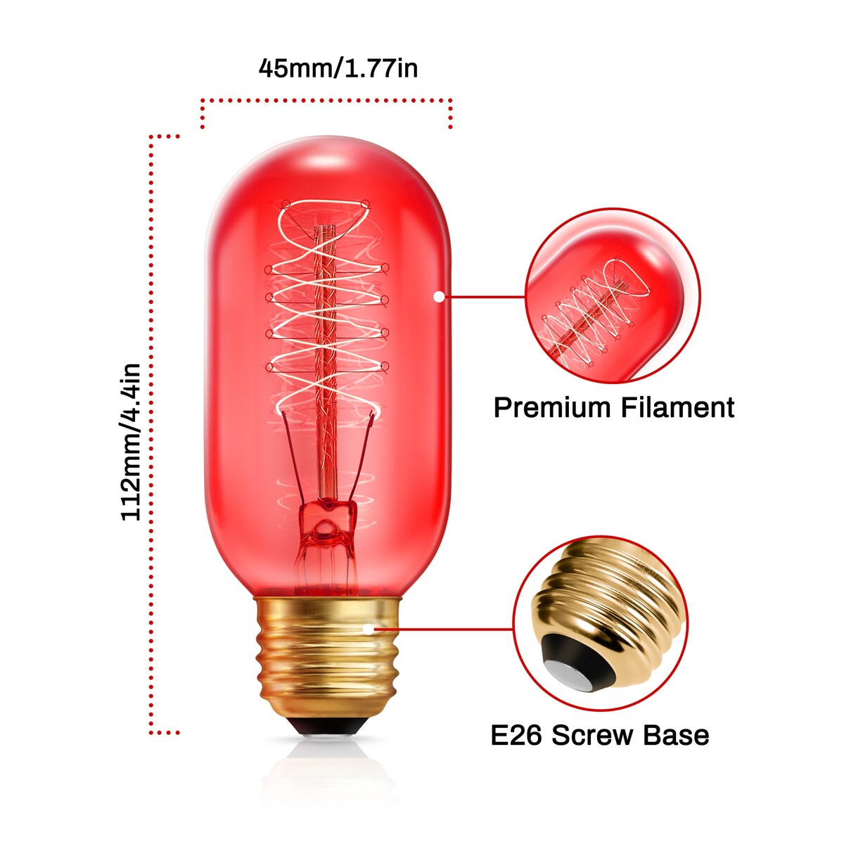 YANSUN 40-Watt Equivalent T45 Red Dimmable E26 Vintage Edison Incandescent Light Bulb for Halloween Christmas (4-Pack)