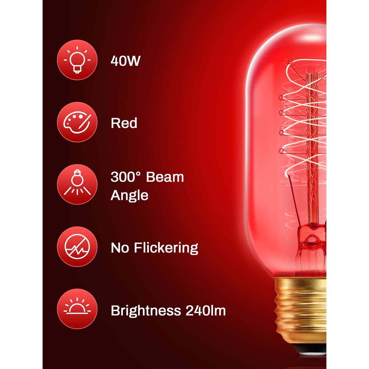 YANSUN 40-Watt Equivalent T45 Red Dimmable E26 Vintage Edison Incandescent Light Bulb for Halloween Christmas (4-Pack)