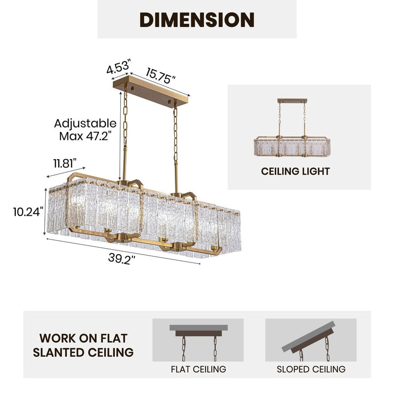 40 in. Linear Modern Crystal Chandeliers 16-Light Brass Gold Rectangular Chandelier for Dining Living Room Kitchen Island