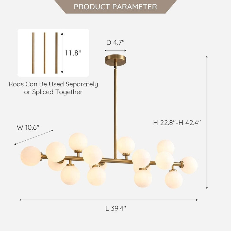 40 in. Linear Pendant Lighting Brass Modern Chandelier 16-Light Frosted Glass Kitchen Island Light for Dining Room