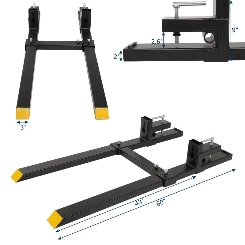 4000lbs 60" Clamp-On Pallet Forks Skid Steer Loader Bucket with Adjustable Stabilizer Ba