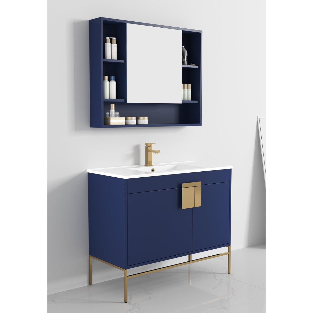 40" Modern Navy Blue Bathroom Vanity with Ceramic Top and Gold Hardware, Includes Medicine Cabinet
